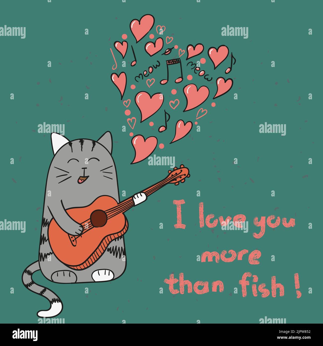 Nette Katze in der Liebe. Cartoon singende Katze mit Gitarre. Romantischer Hintergrund. Vektorgrafik. Ich liebe dich mehr als Fischschriftzug. Valentinskarte.`s Stock Vektor